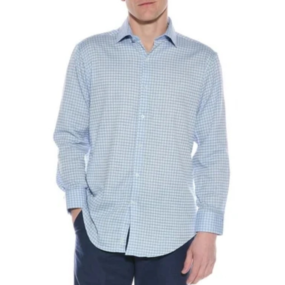 Tailorbyrd Dress Shirt Blue Green Check Non-Iron Trim Fit Mens 15 32/33